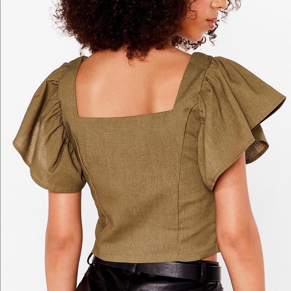 Linen Cropped Button Up Square Neck Blouse - Picture 4 of 6